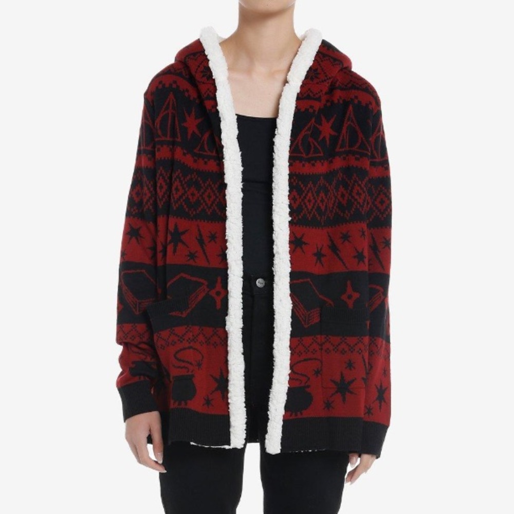 Harry Potter Deathly Hallows‎ Fair Isle Sherpa Open Cardigan Hot Topic